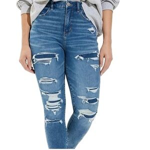 American Eagle AE High Rise Jeggings Jeans Ripped Patched Super Stretch Size 4